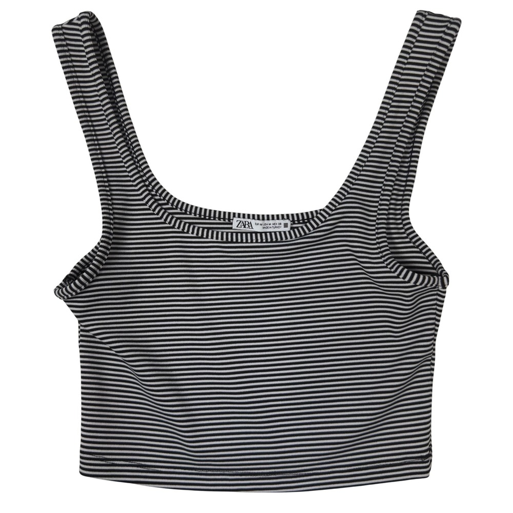 Zara Womens Crop Top Size M Striped Ribbed Knit Sleeveless Tank Black White